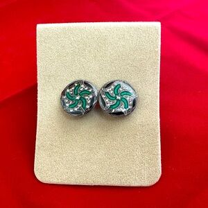 PIERRE BEX Vintage Green & Black Enamel Art Deco Clip on Earrings Geometric